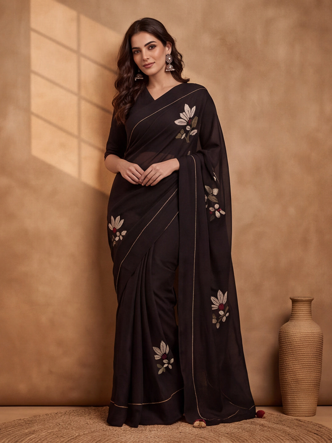 Digitally Printed Abstract & Floral Mul Cotton Saree with Contrast Blouse