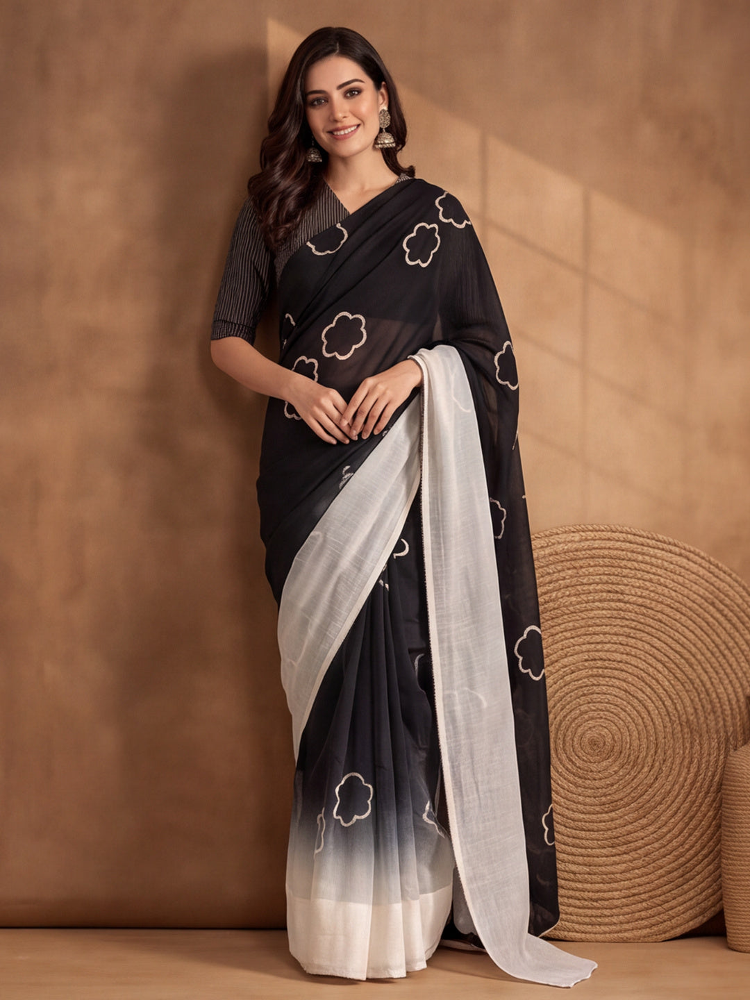 Digitally Printed Abstract & Floral Mul Cotton Saree with Contrast Blouse
