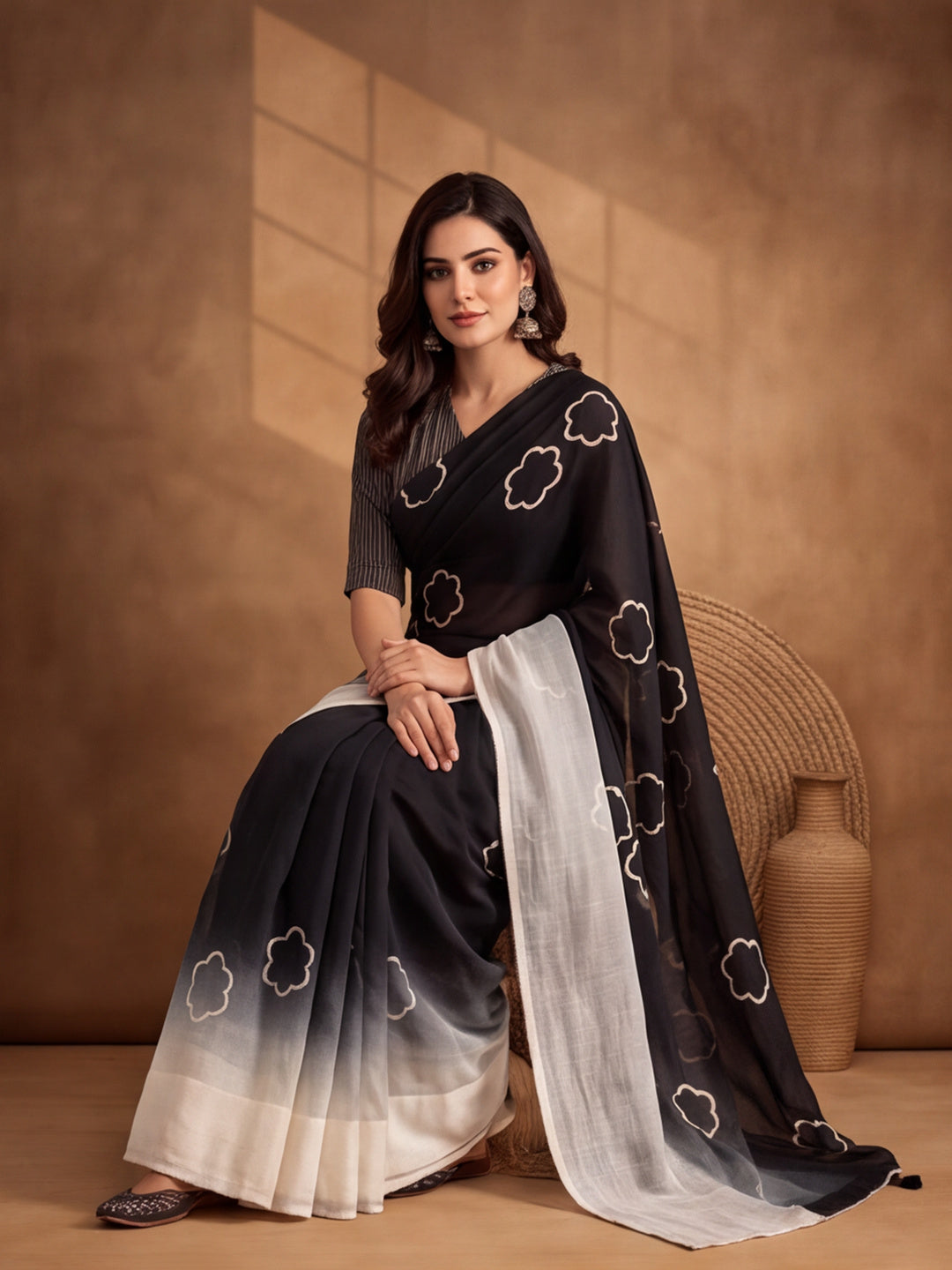 Digitally Printed Abstract & Floral Mul Cotton Saree with Contrast Blouse