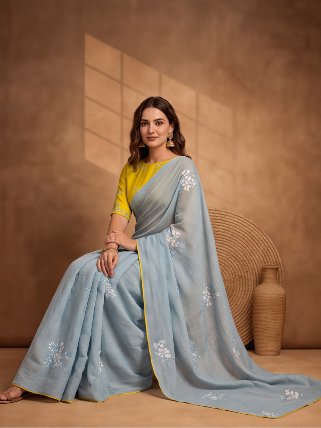 Digitally Printed Abstract & Floral Mul Cotton Saree with Contrast Blouse