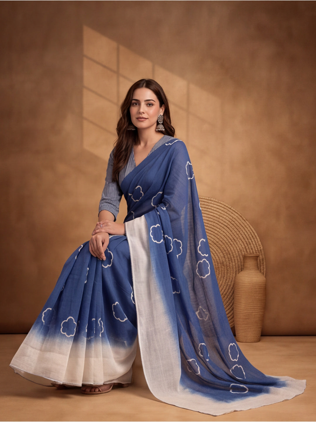 Digitally Printed Abstract & Floral Mul Cotton Saree with Contrast Blouse