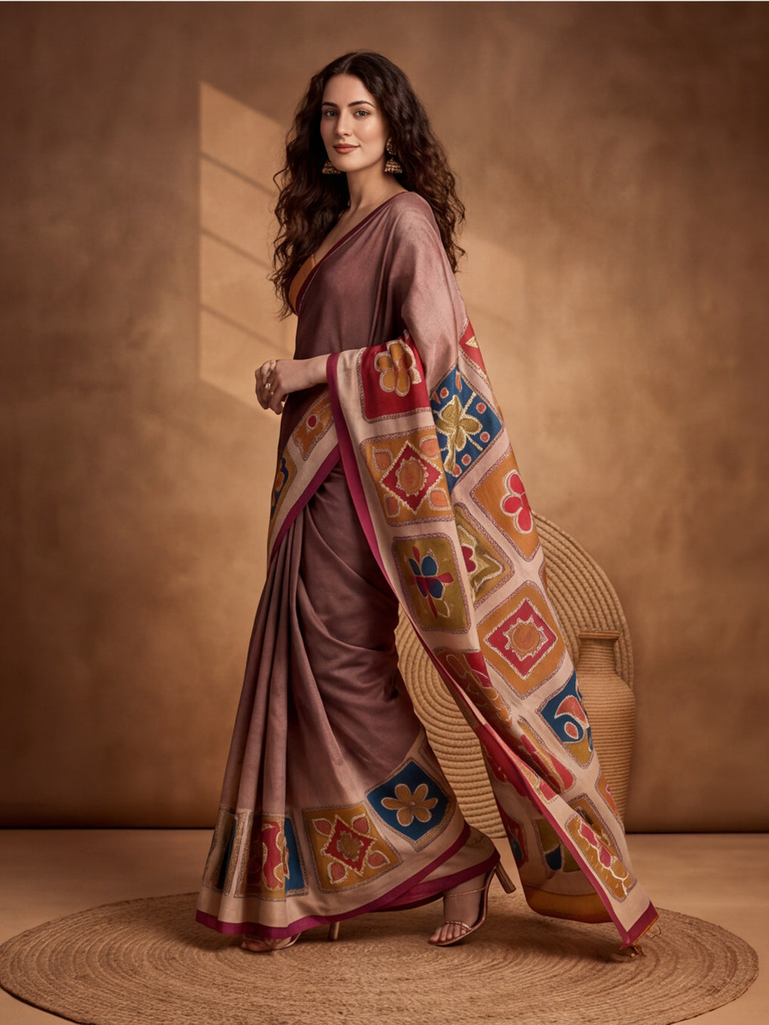 arthy Tone Digitally Printed Kantha-Look Cotton Saree with Contrast Border