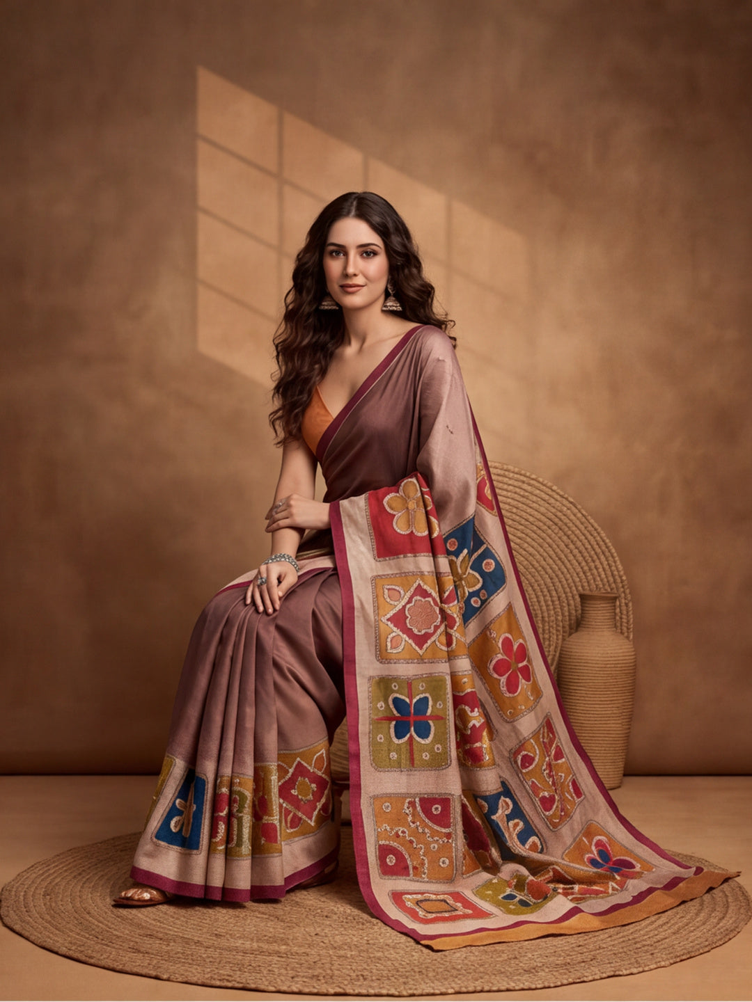 arthy Tone Digitally Printed Kantha-Look Cotton Saree with Contrast Border