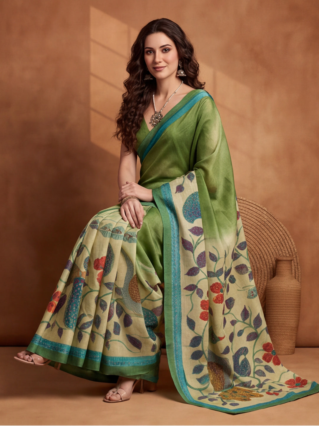arthy Tone Digitally Printed Kantha-Look Cotton Saree with Contrast Border