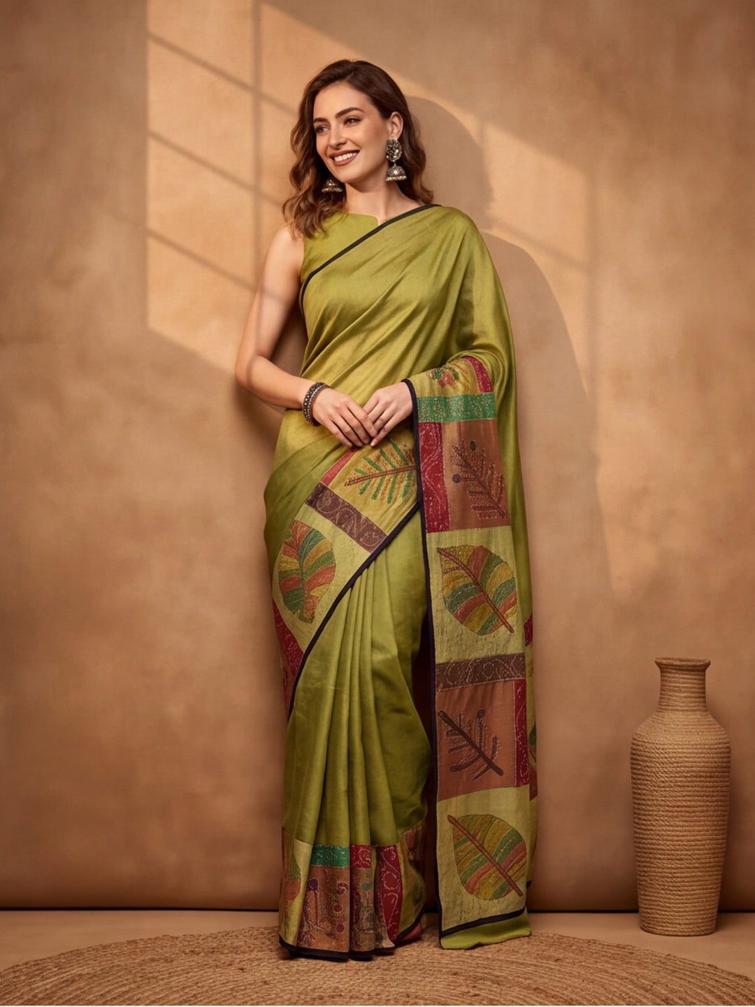 arthy Tone Digitally Printed Kantha-Look Cotton Saree with Contrast Border