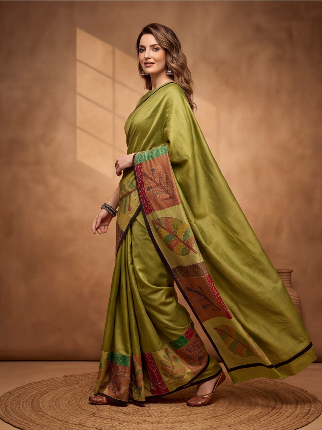 arthy Tone Digitally Printed Kantha-Look Cotton Saree with Contrast Border