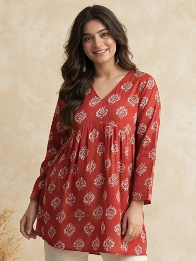 Women Printed V-Neck Fancy Tunic Top with Full Sleeves
