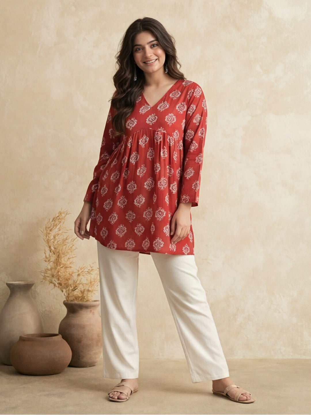 Women Printed V-Neck Fancy Tunic Top with Full Sleeves