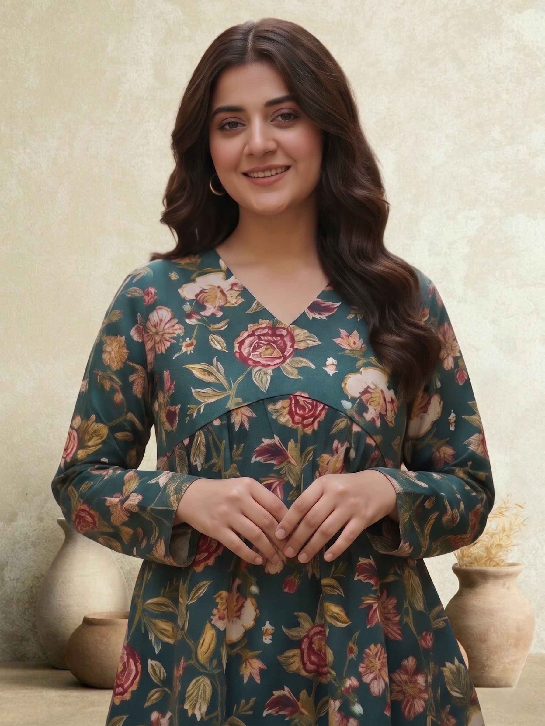 Women Printed V-Neck Fancy Tunic Top with Full Sleeves