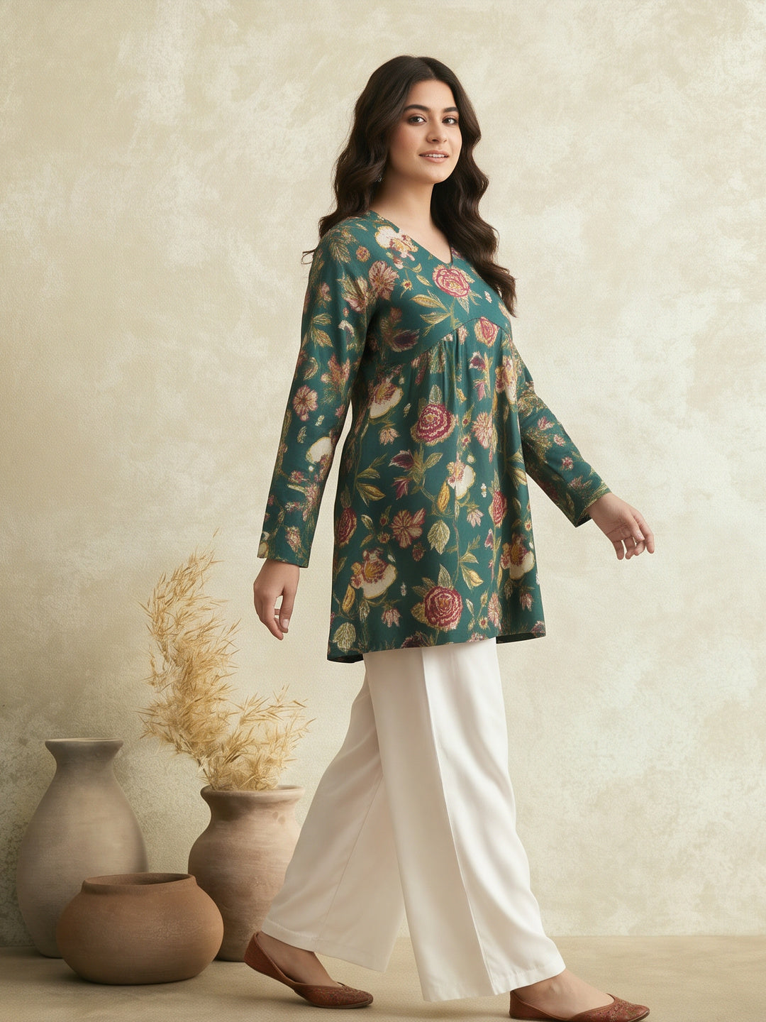 Women Printed V-Neck Fancy Tunic Top with Full Sleeves