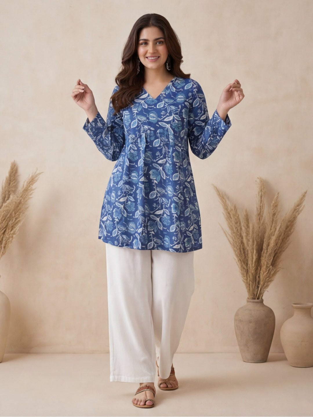 Women Printed V-Neck Fancy Tunic Top with Full Sleeves