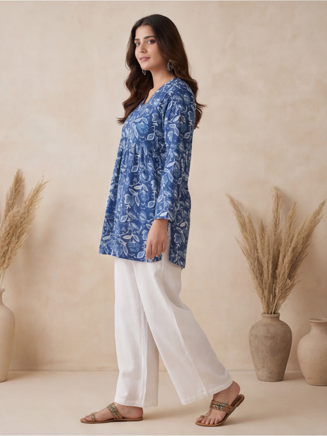 Women Printed V-Neck Fancy Tunic Top with Full Sleeves