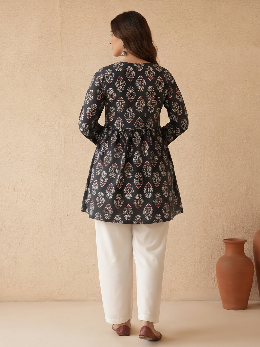 Women Printed V-Neck Fancy Tunic Top with Full Sleeves