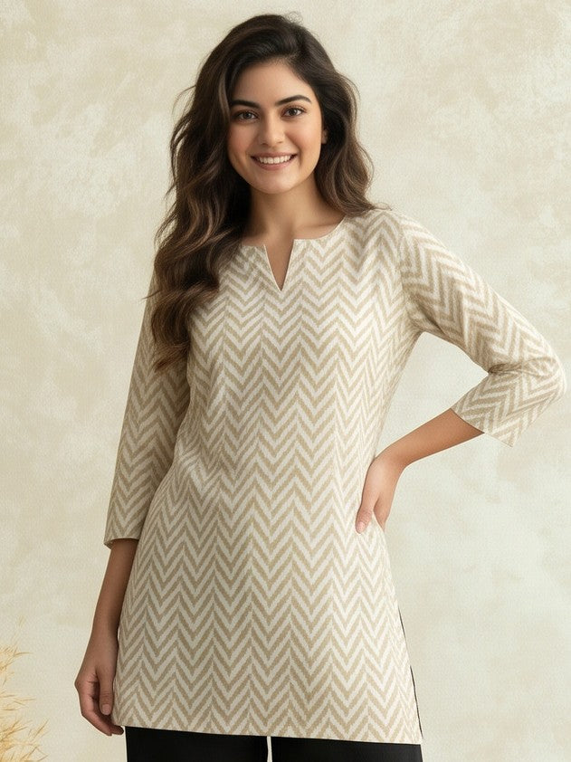 Women Printed Round Neck Fancy Tunic Top with Full Sleeves