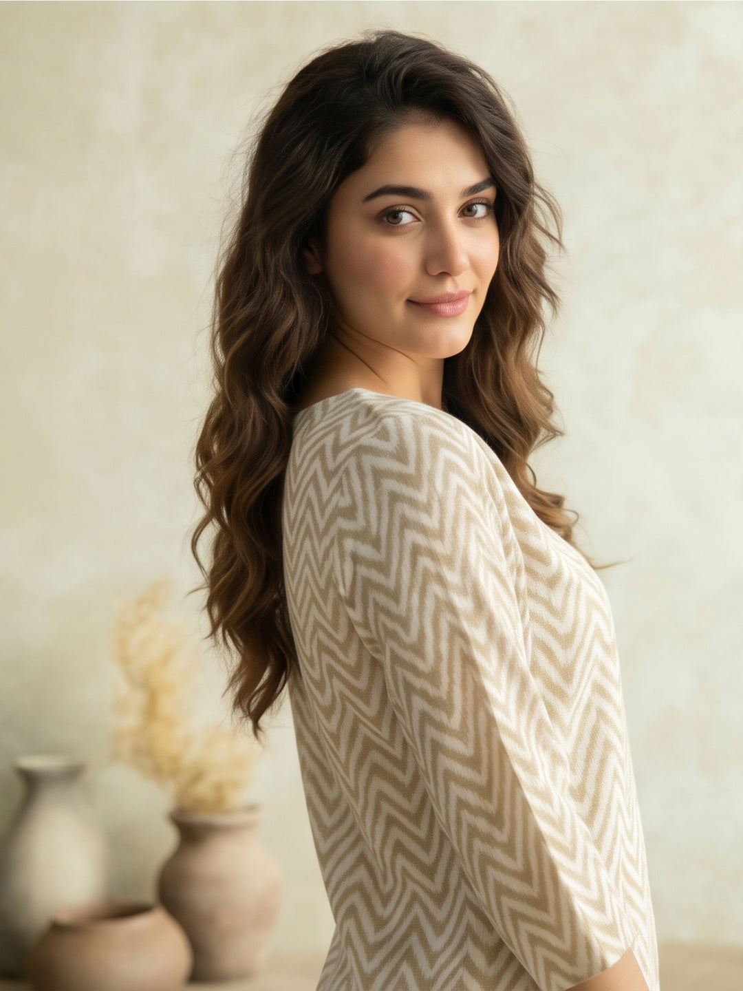 Women Printed Round Neck Fancy Tunic Top with Full Sleeves
