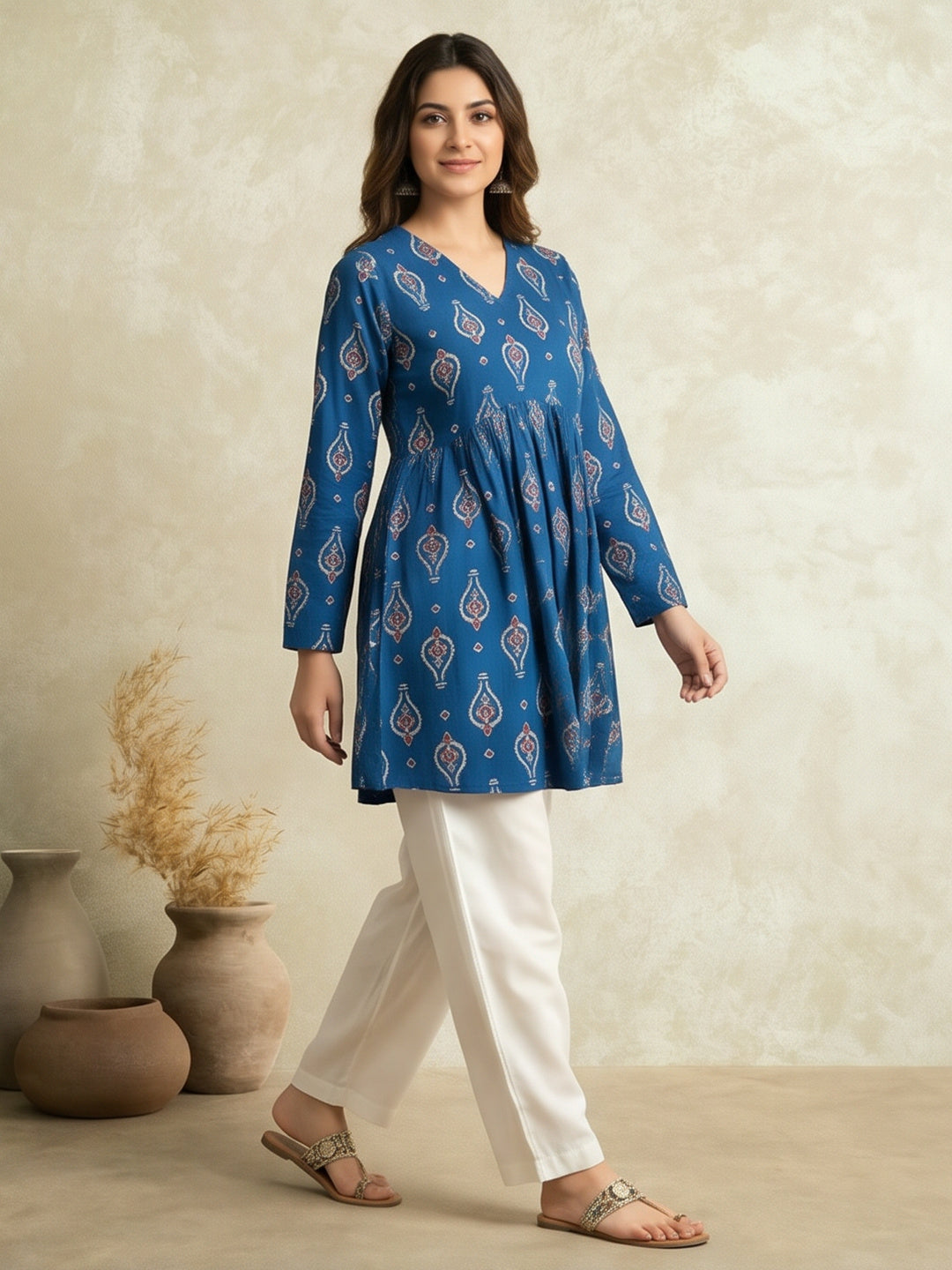 Women Printed V-Neck Fancy Tunic Top with Full Sleeves