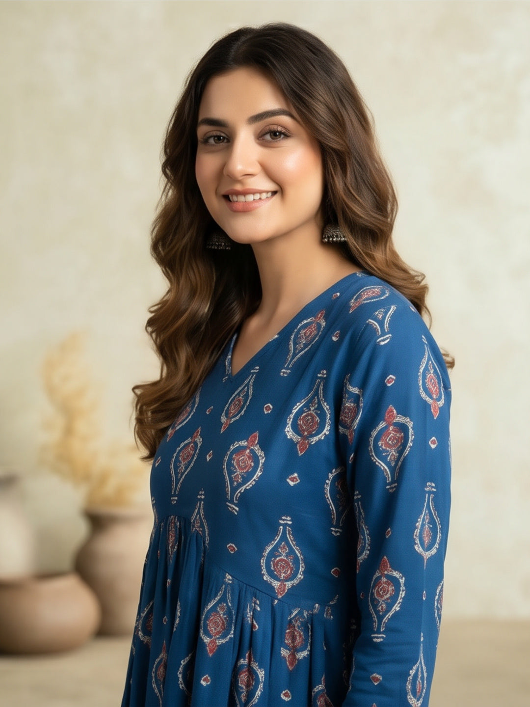 Women Printed V-Neck Fancy Tunic Top with Full Sleeves
