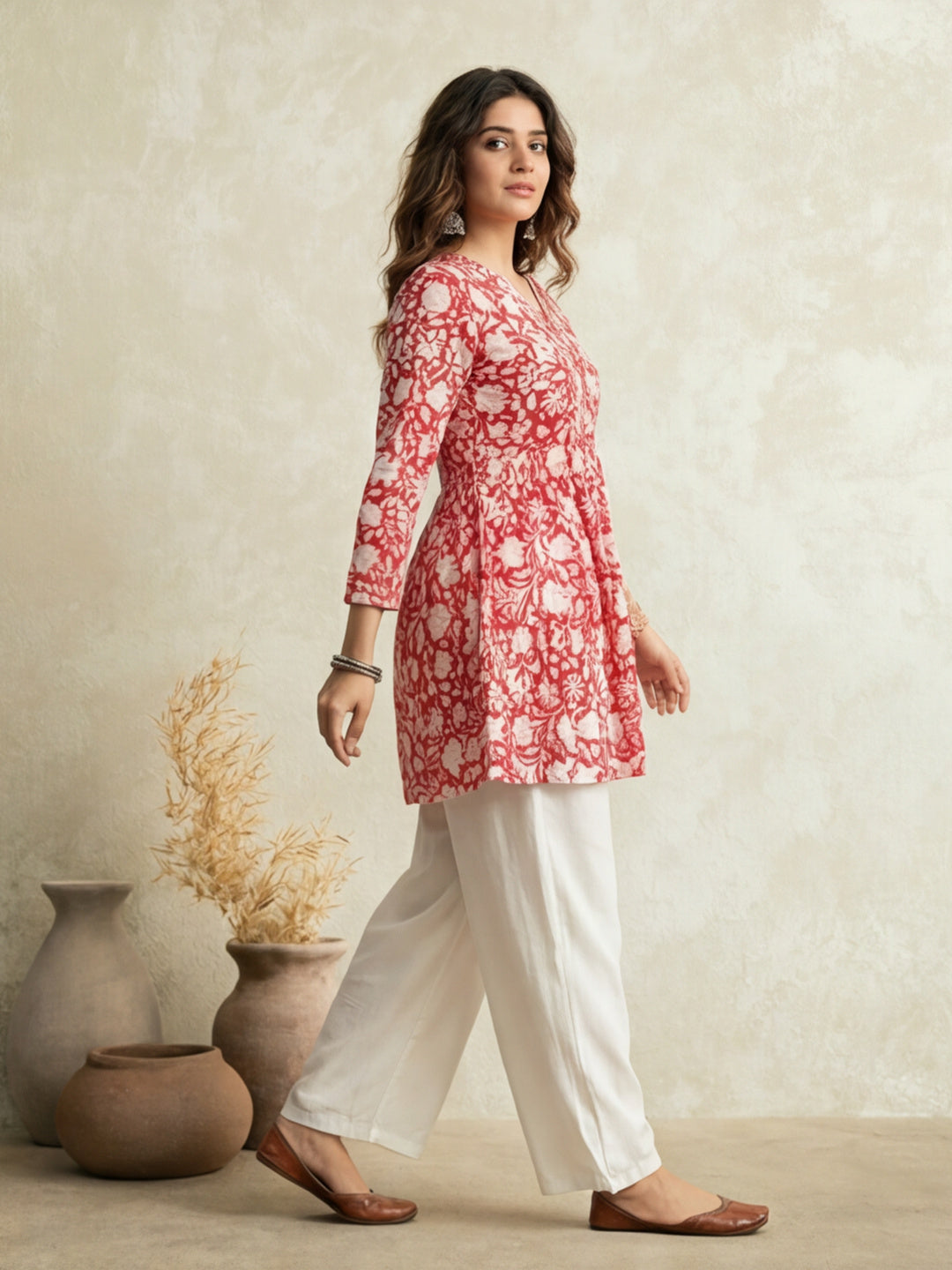 Women Printed V-Neck Fancy Tunic Top with Full Sleeves