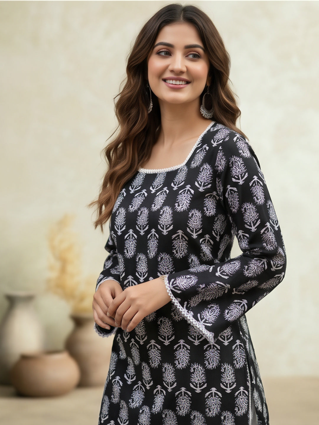 Women Printed Square Neck Fancy Tunic Top with Full Sleeves