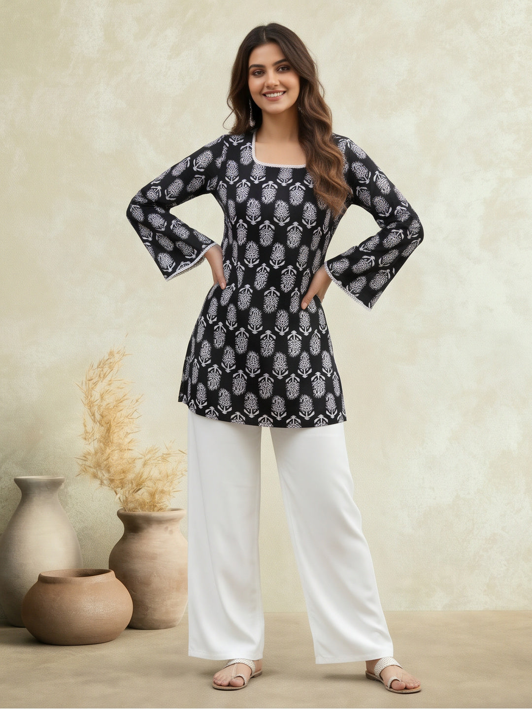 Women Printed Square Neck Fancy Tunic Top with Full Sleeves