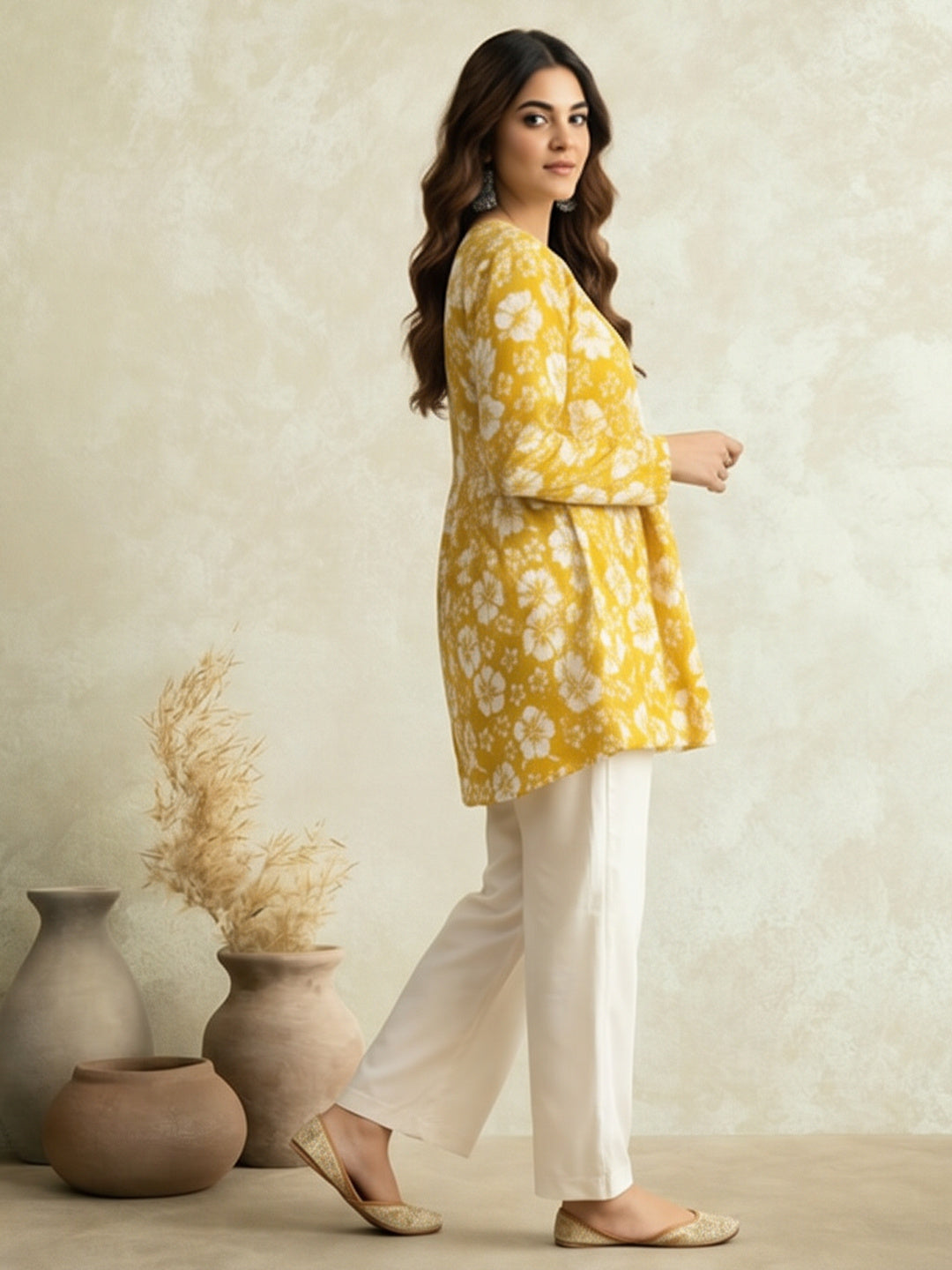 Women Printed V-Neck Fancy Tunic Top with Full Sleeves