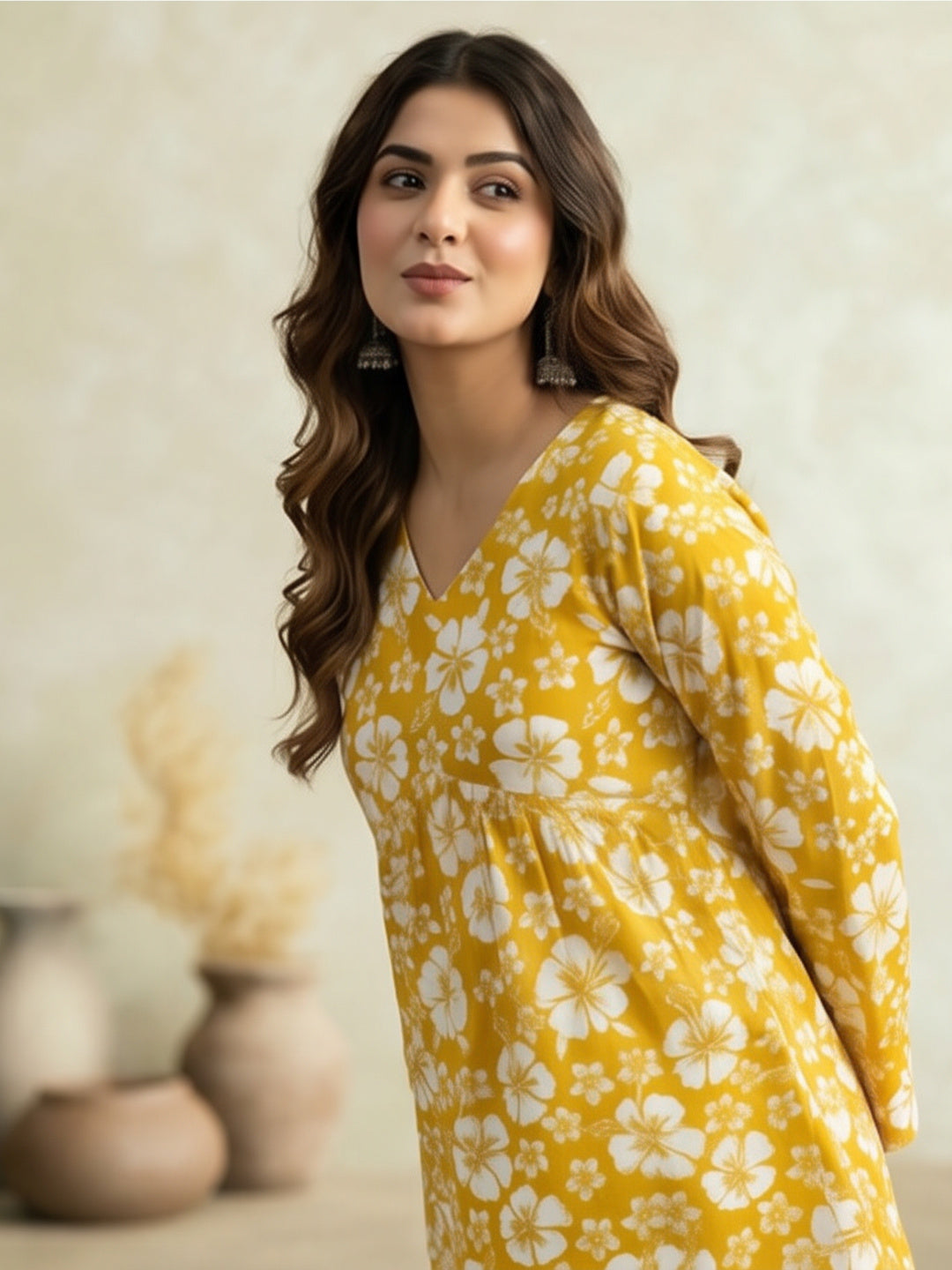 Women Printed V-Neck Fancy Tunic Top with Full Sleeves