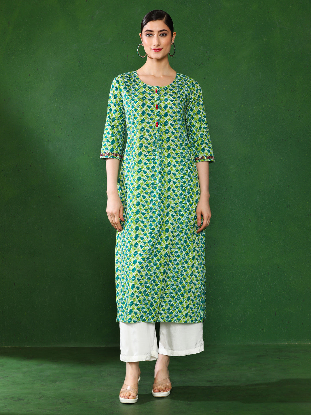 Green & Blue Geometric Print Straight Cotton Kurta