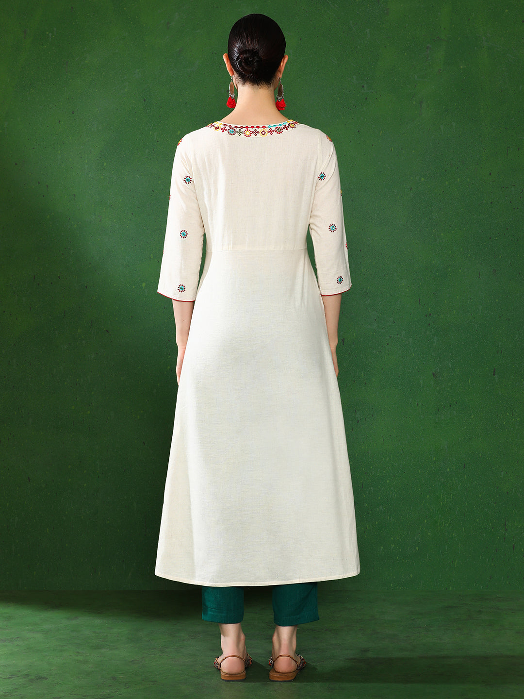 Off-White Embroidered A-Line Cotton Blend Angrakha Kurta