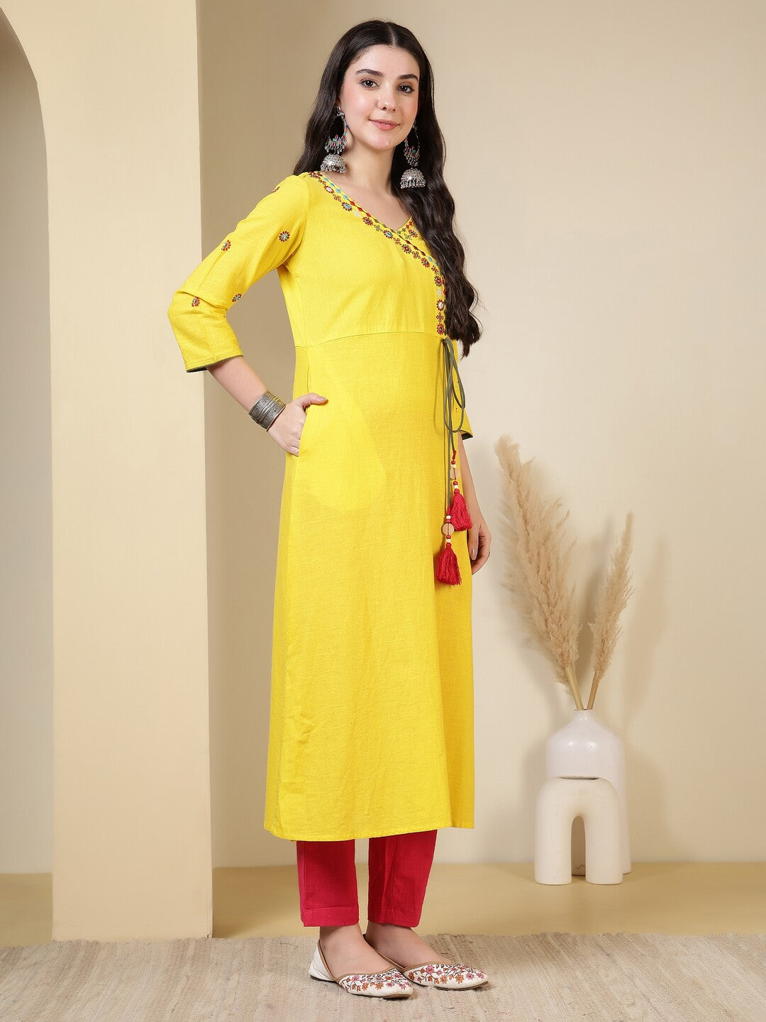 Floral Embroidered A-Line Pure Cotton Kurta