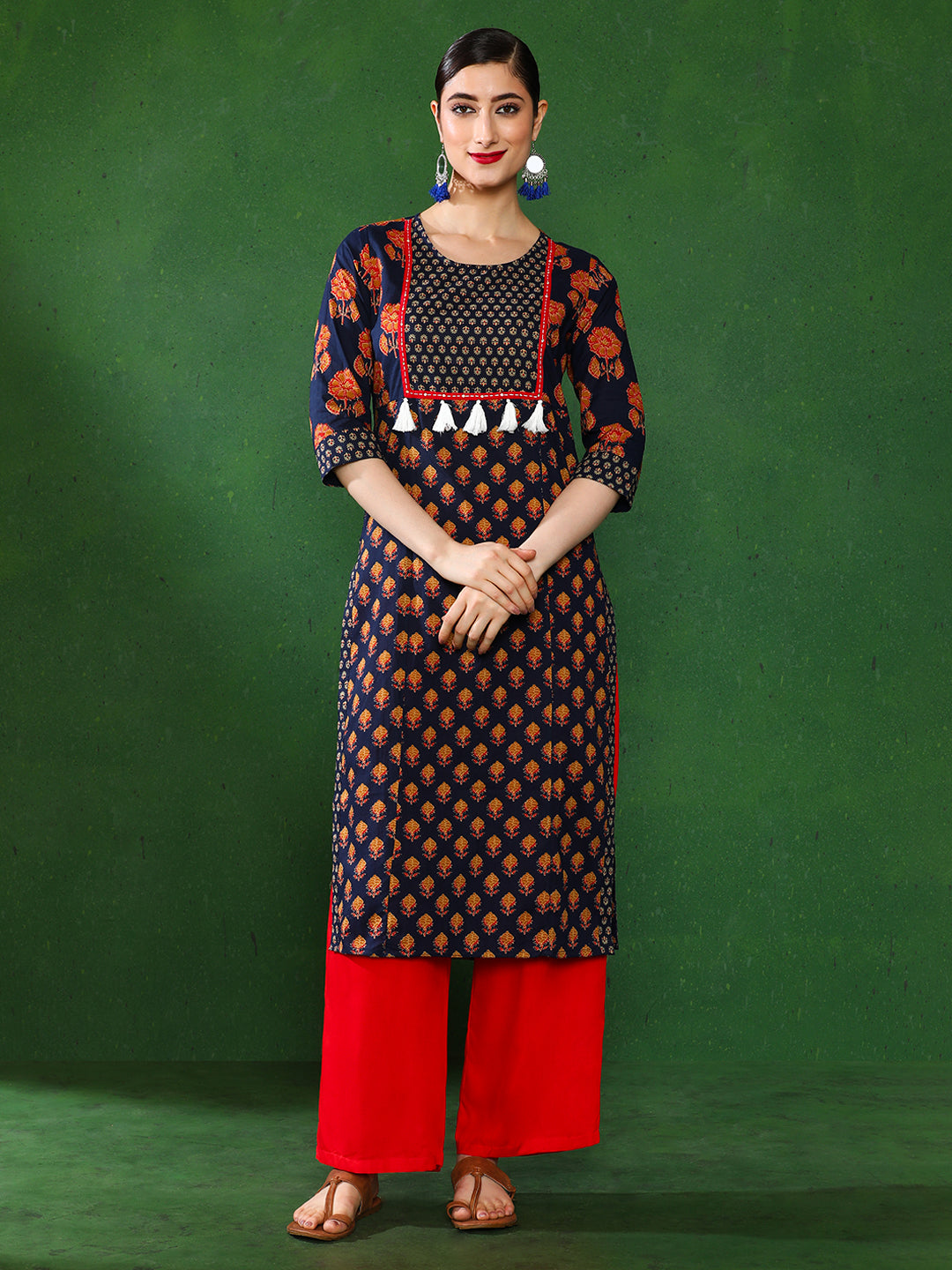 Navy Blue Ethnic Print Straight Cotton Kurtas