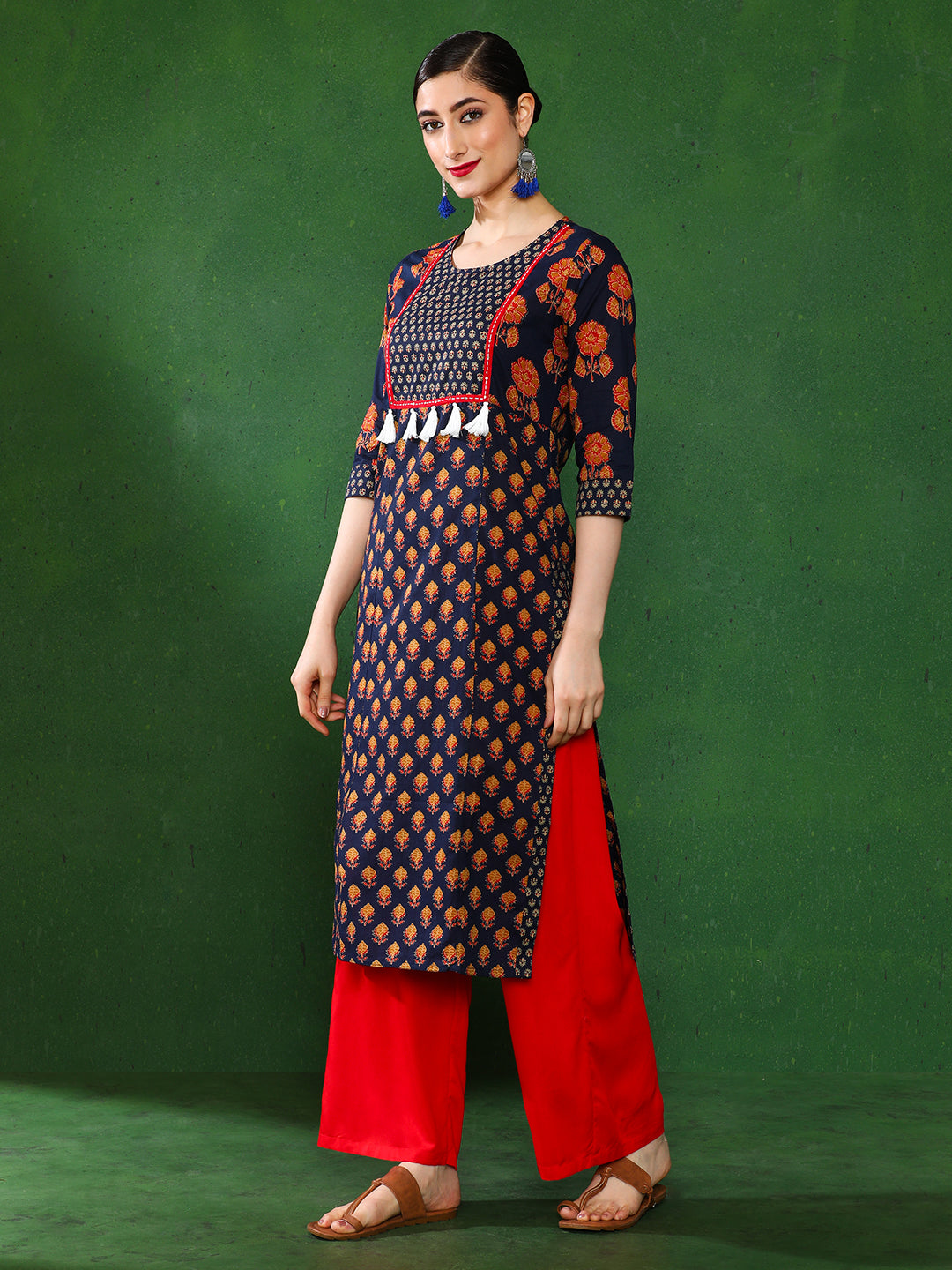 Navy Blue Ethnic Print Straight Cotton Kurtas