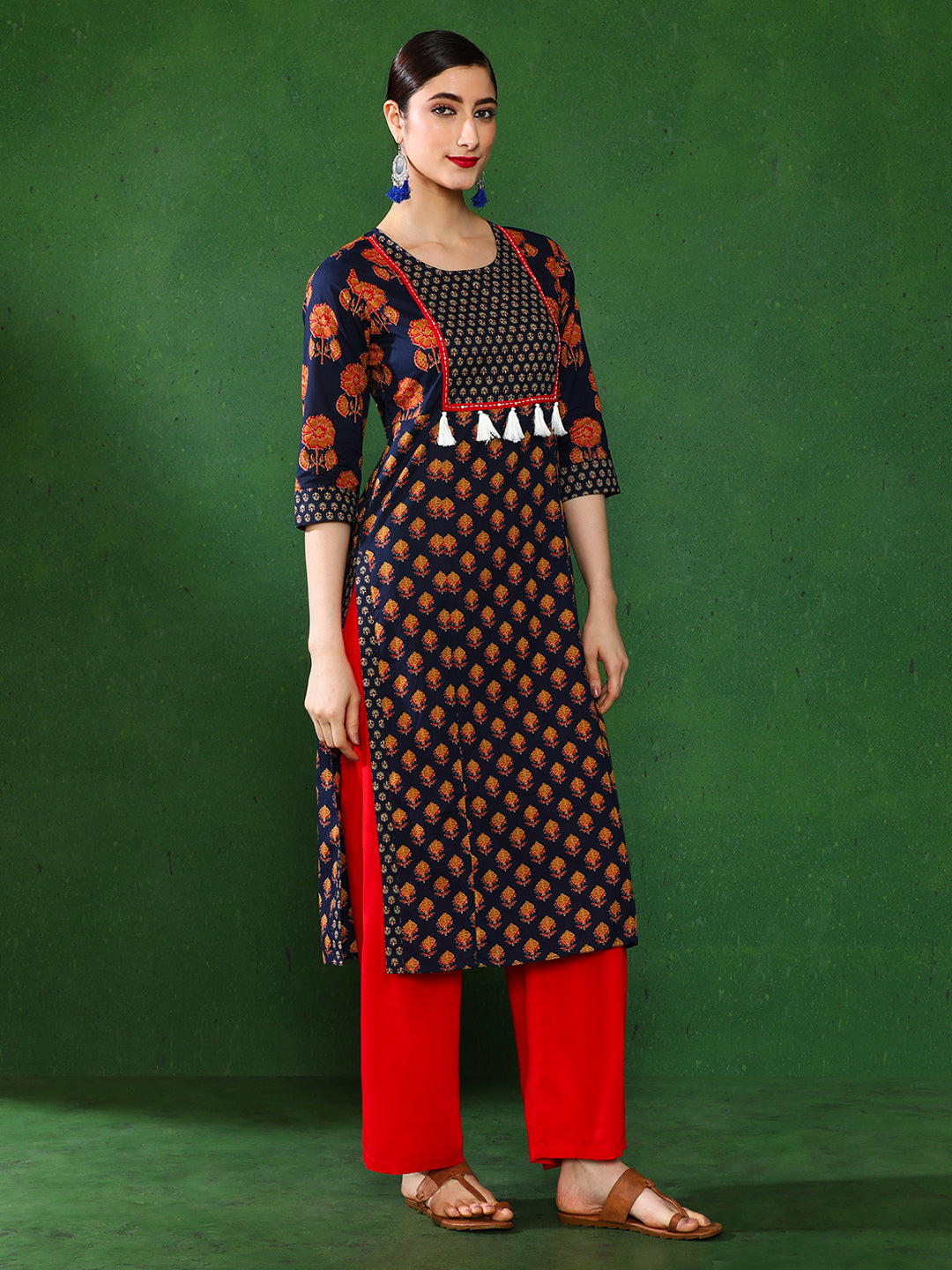 Navy Blue Ethnic Print Straight Cotton Kurtas