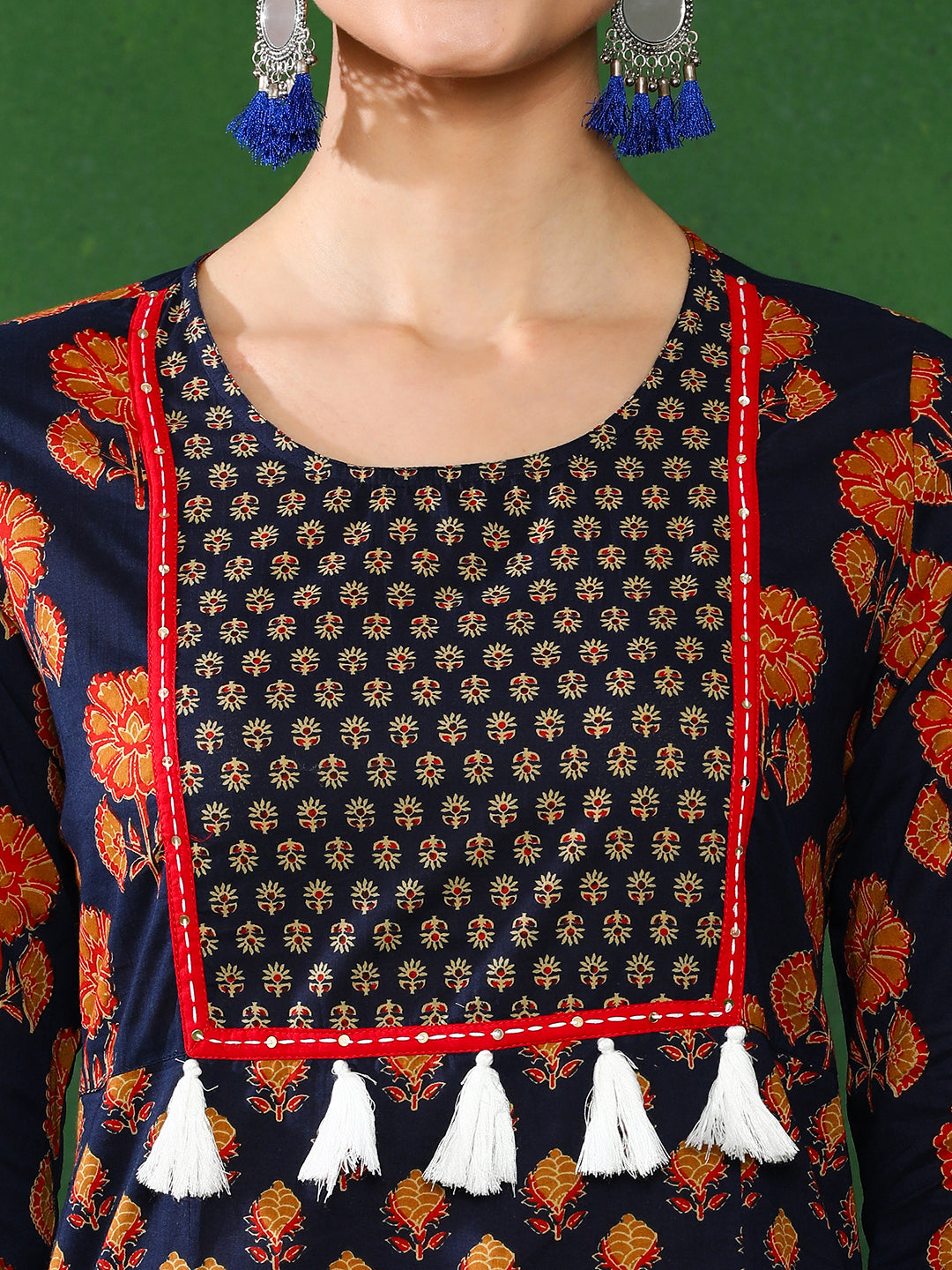 Navy Blue Ethnic Print Straight Cotton Kurtas