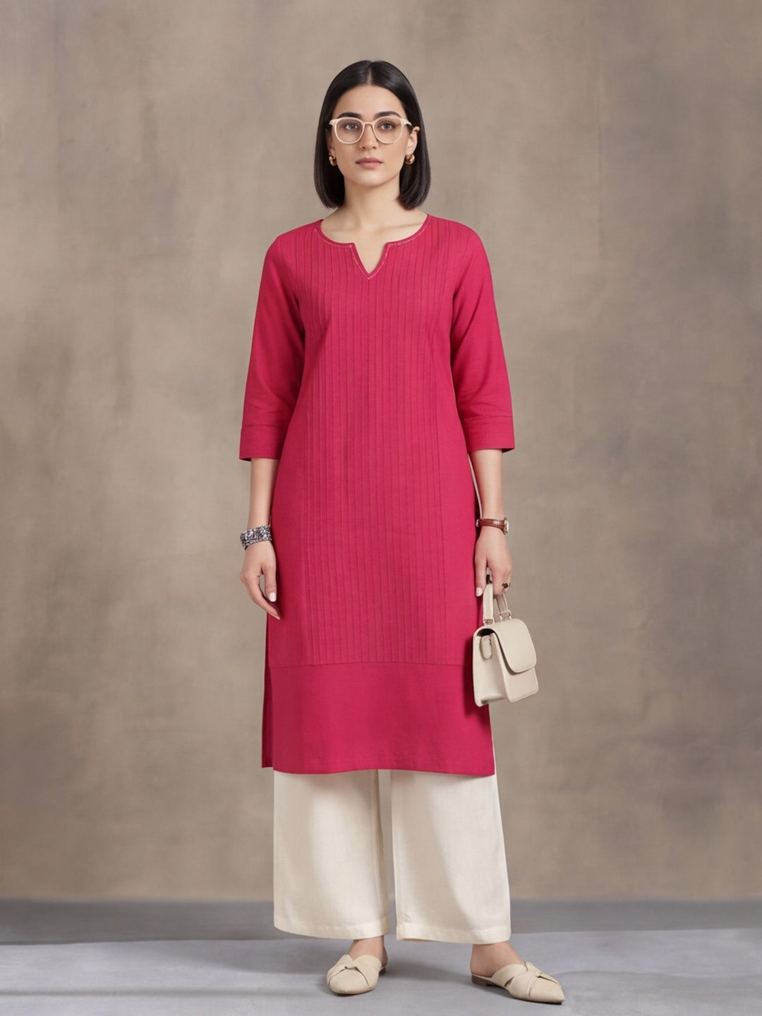 Women Keyhole Solid Staright Three Fourth Sleeve Pure Cotton Kurta