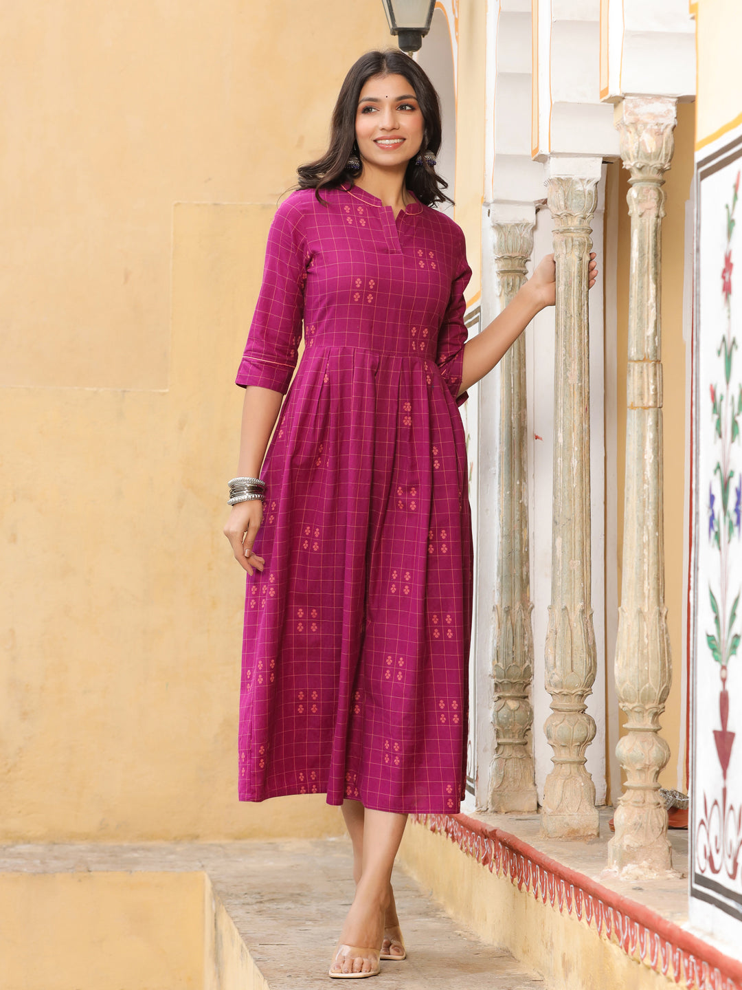 Purple Checks Cotton Flared Dress | Kurta For Women | Jaipur Kurti Purple Checks Cotton Flared Dress | Kurta For Women | Jaipur Kurti