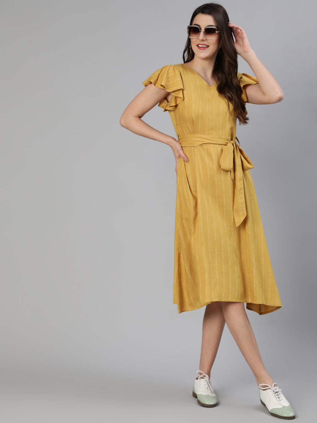 Yellow Self Weave Rayon Flared Dress With Belt