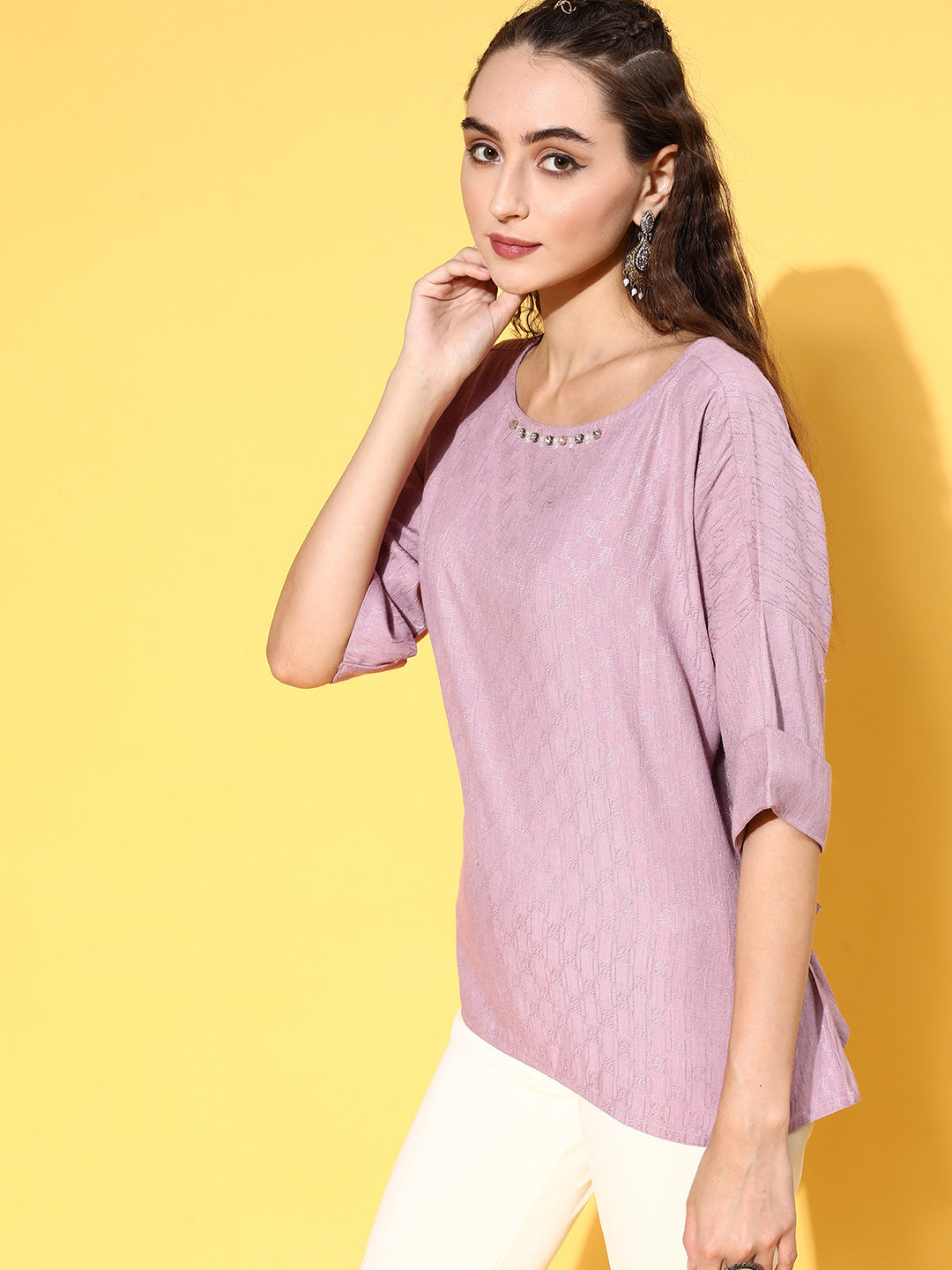 Shop Stylish New Mauve Color Self Weave Embellished Top With Extended Sleeves & Tie-Up Belt for Women Online at Jaipur Kurti India's Ethnic Wear Brand
