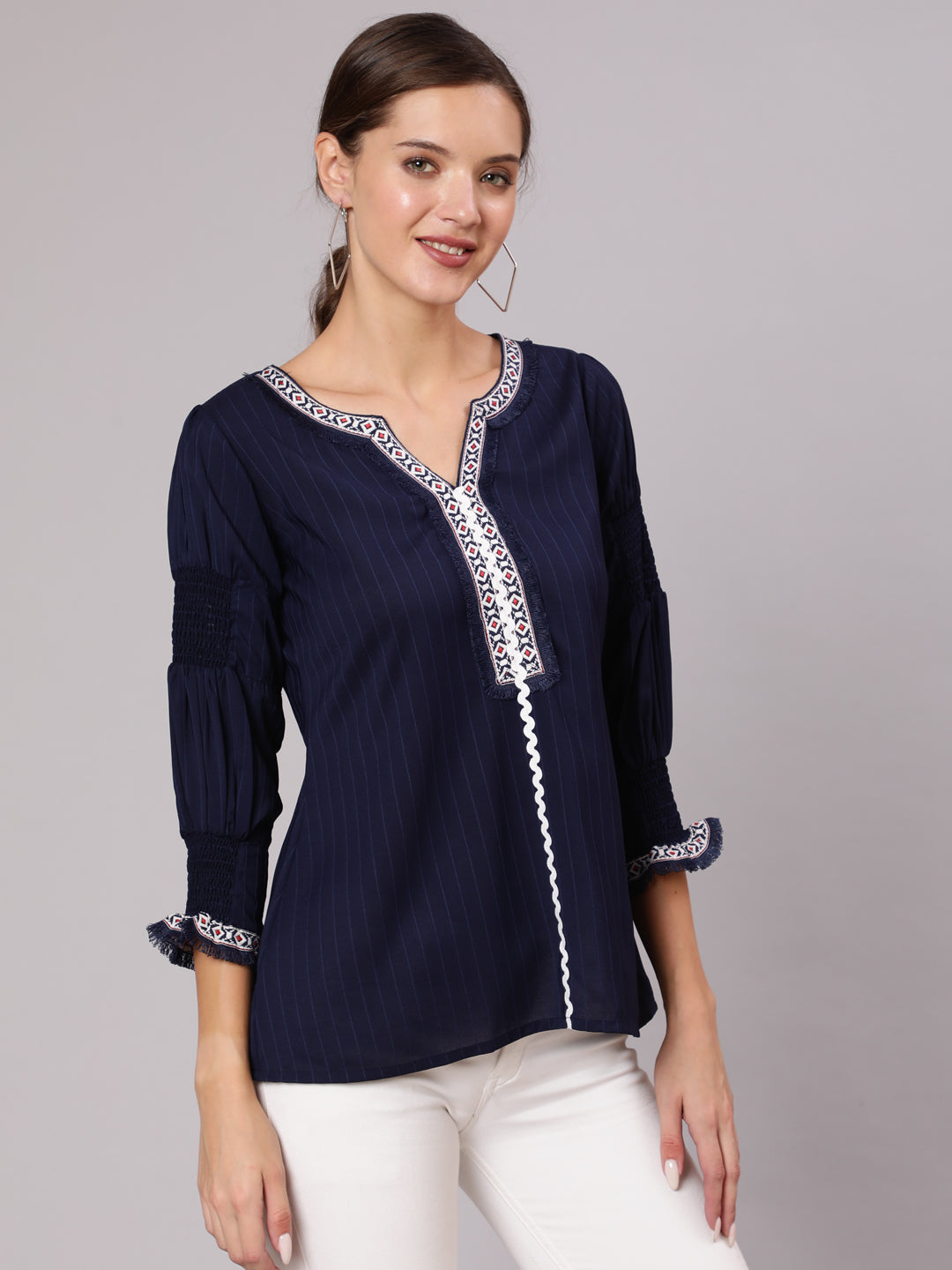 Blue Poly Silk Lace Embellished Top With Smocked Sleeves