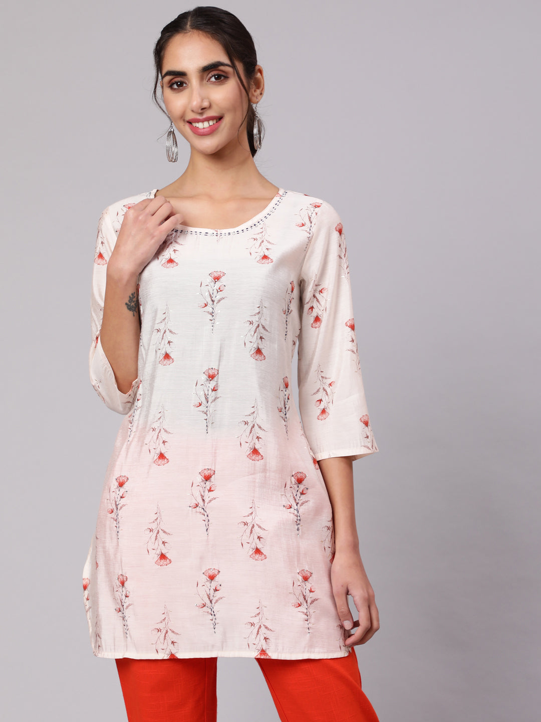 Orange Foil Printed Chanderi Embroidered Kurta