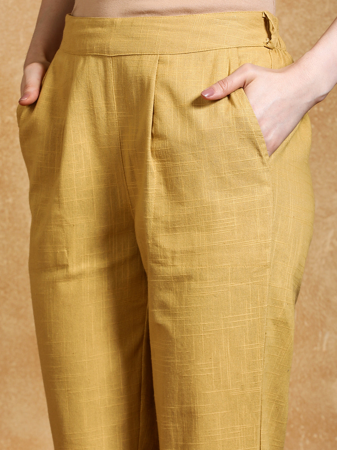 Cream Solid Cotton Slub Straight Pants