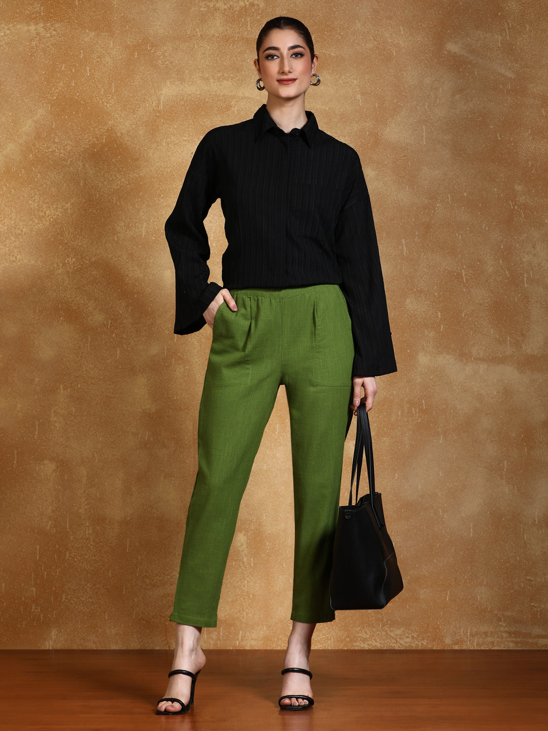 Shop Olive Solid Cotton Slub Pants