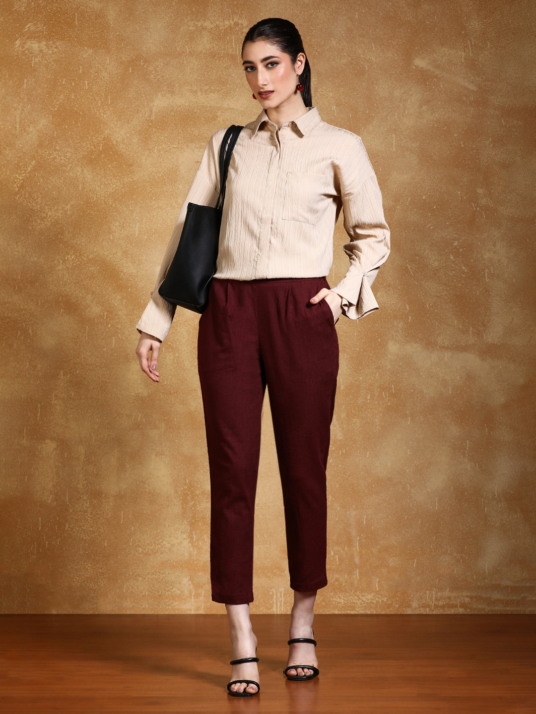 Shop Burgundy Solid Straight Cotton Slub Trouser