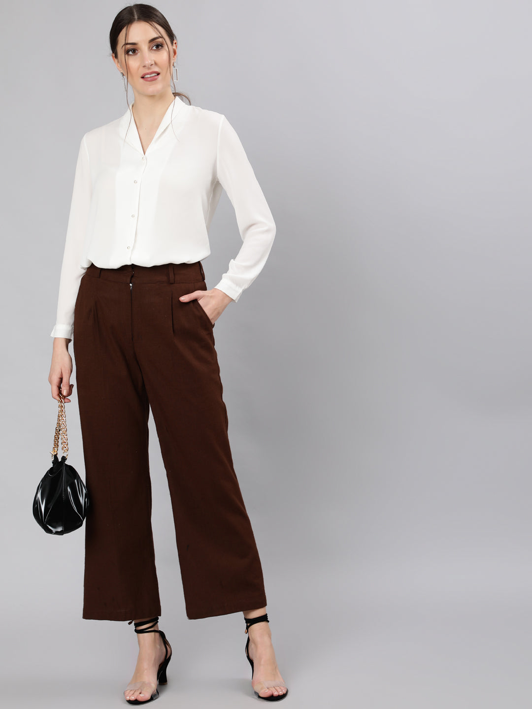 Shop Brown Cotton Slub Flared High Rise Parallel Pants
