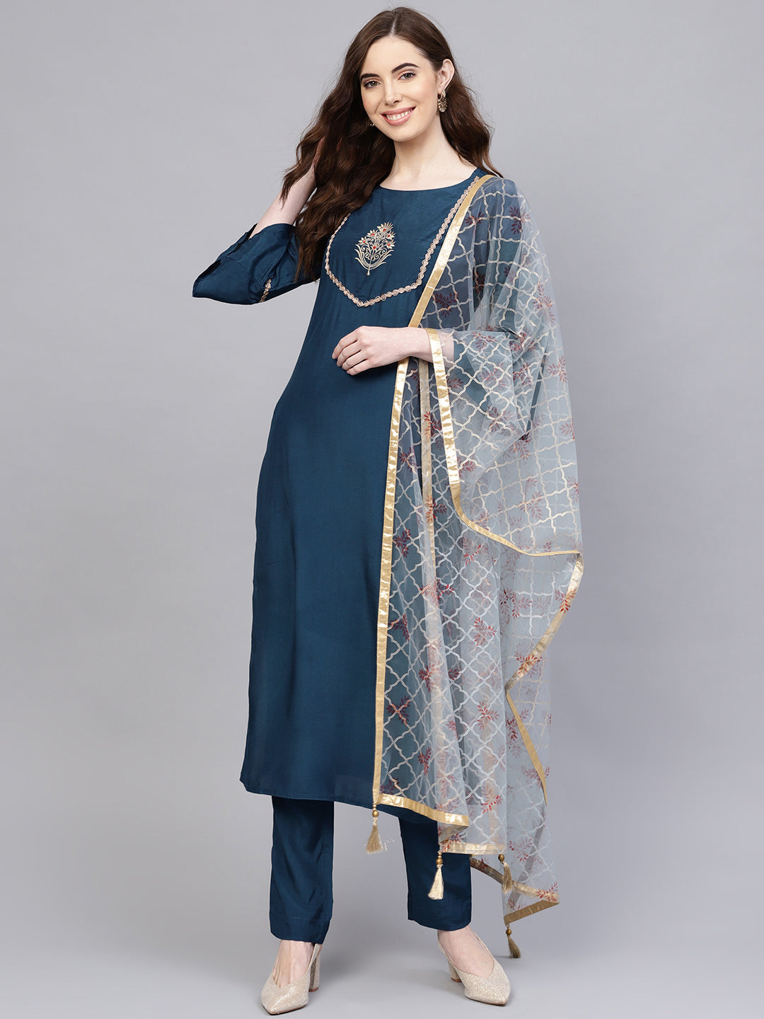 Teal & Light Blue Embroidered Kurta With Pants & Net Dupatta