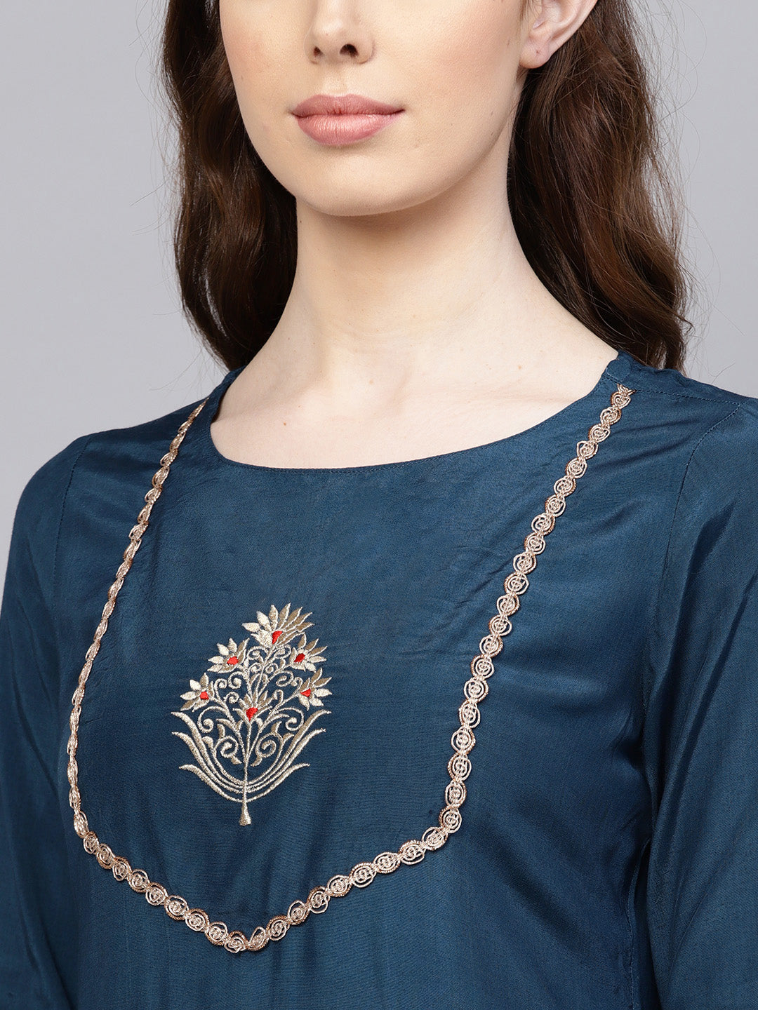 Teal & Light Blue Embroidered Kurta With Pants & Net Dupatta