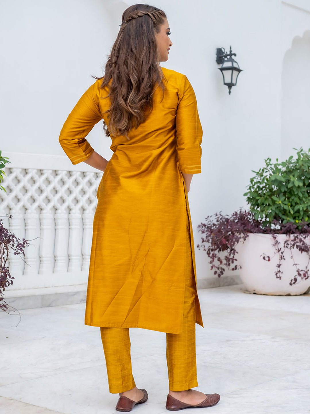 Straight Silk Embroidered Mustard Straight Kurta With Pants