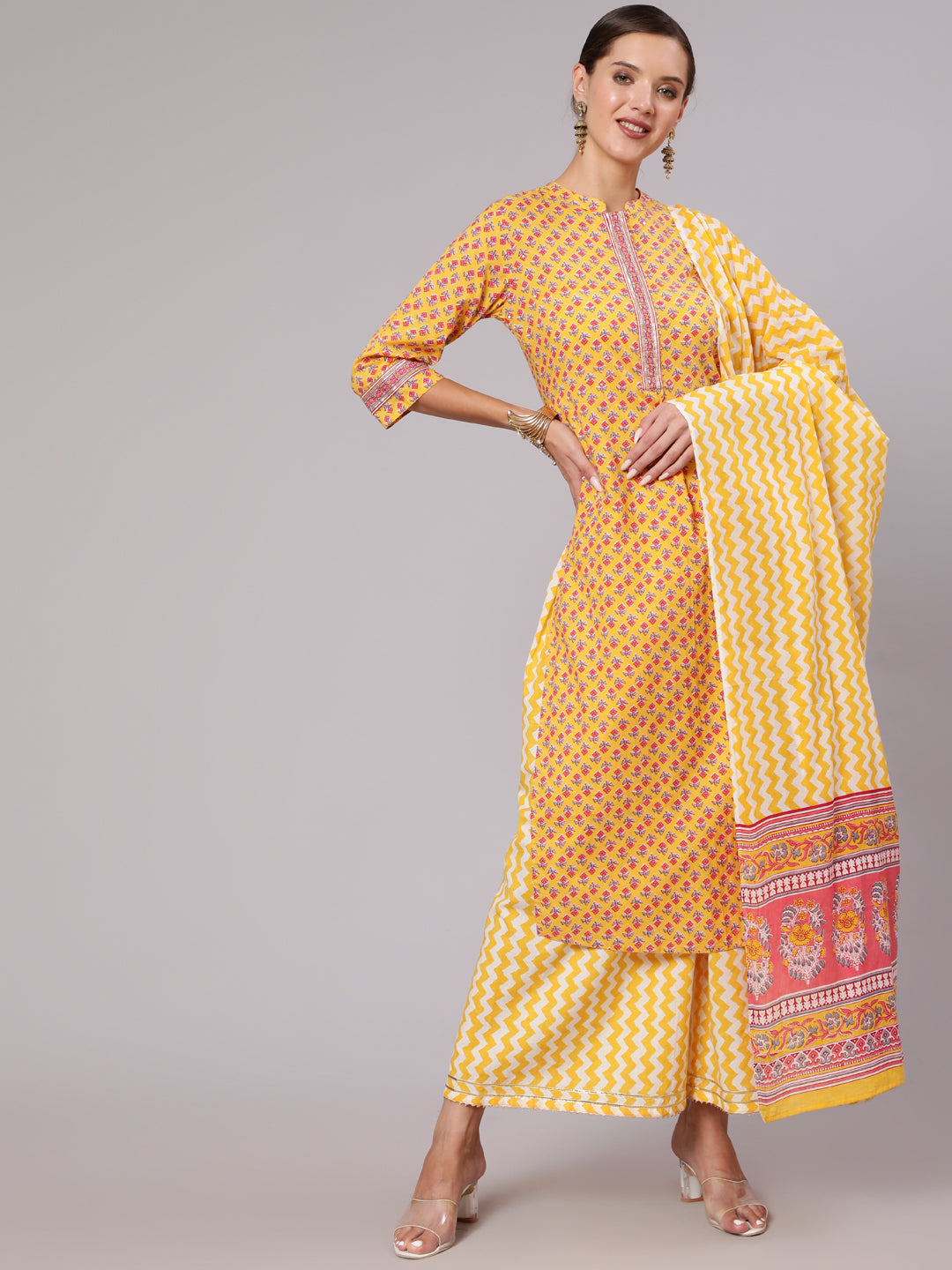 Yellow Straight Ethnic Printed Gota Embellished Kurta With Printed Palazzo And Dupatta