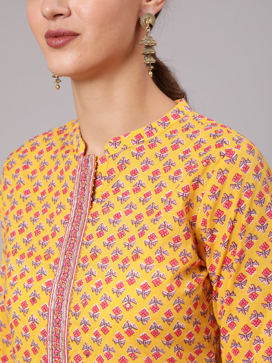 Yellow Straight Ethnic Printed Gota Embellished Kurta With Printed Palazzo And Dupatta