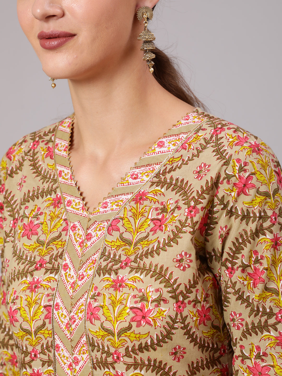 A Short Beige Printed Cotton Gota Embellished Kurta With Printed Sharara And Chiffon Dupatta