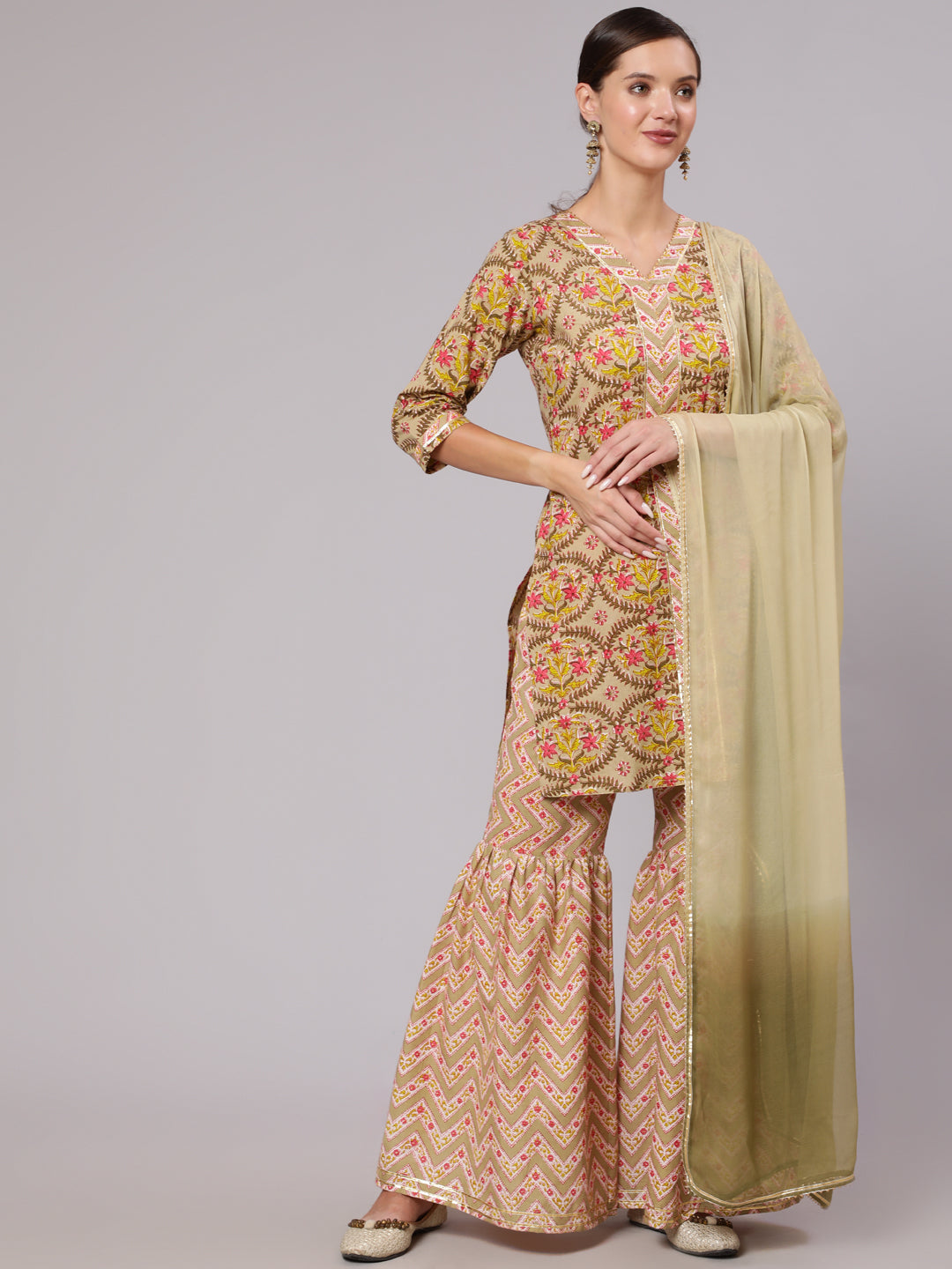 A Short Beige Printed Cotton Gota Embellished Kurta With Printed Sharara And Chiffon Dupatta